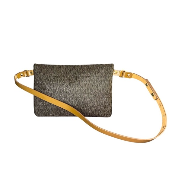 Michael Kors Monogram Signature Brown Belt Bag with Gold Chain Accent - Picture 9 of 9